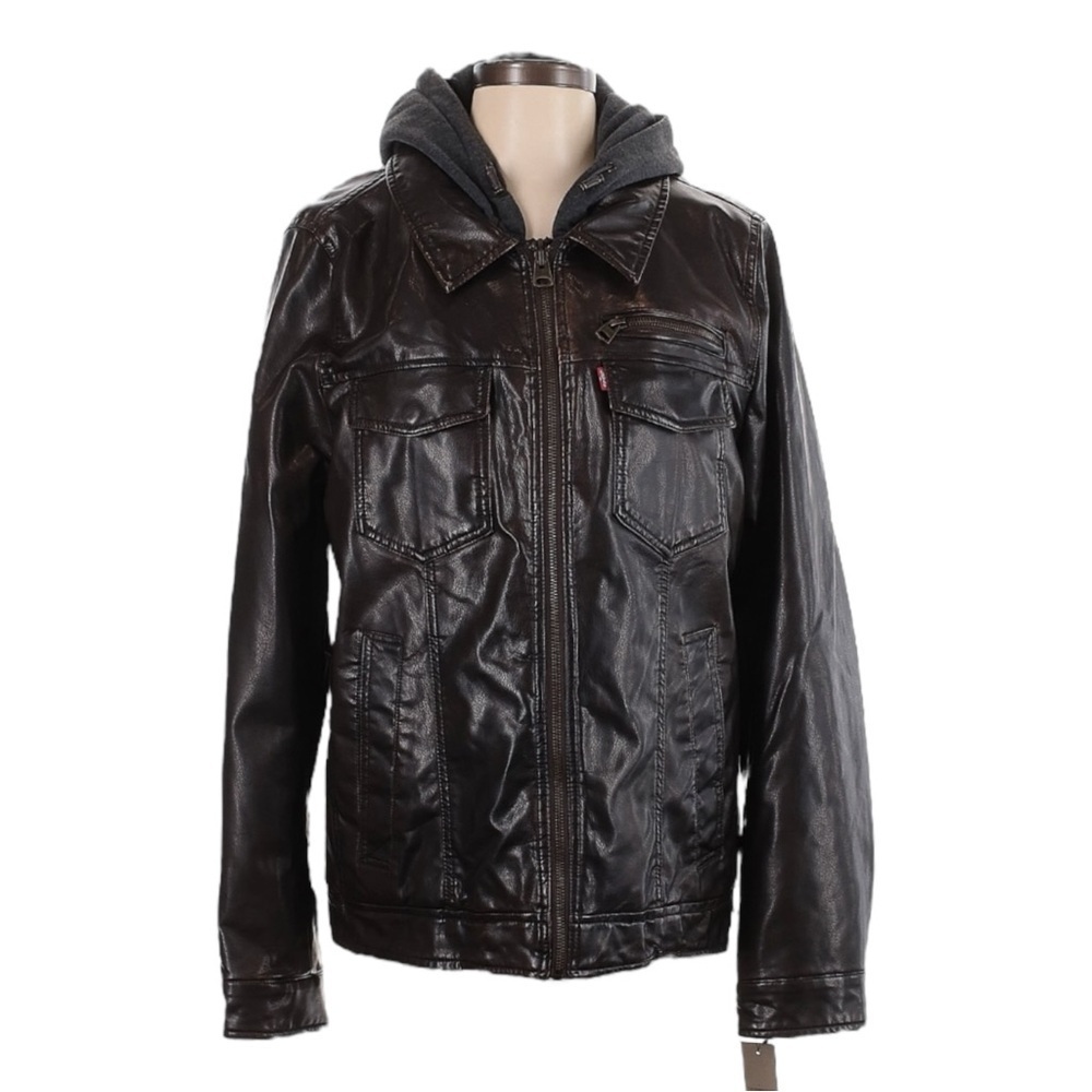 Levi’s Sherpa Lined Faux Leather Trucker Jacket Brown Hoodie Insert NWT Size S
